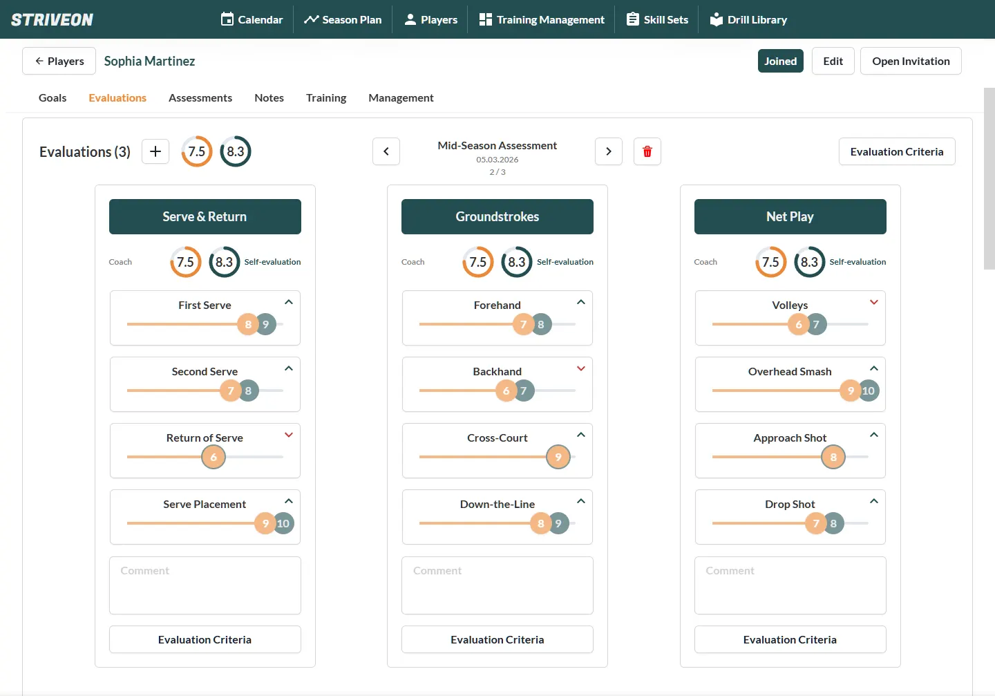 Striveon's Athlete Engagement interface showing one-tap reactions, two-way feedback, and athlete self-assessment features.