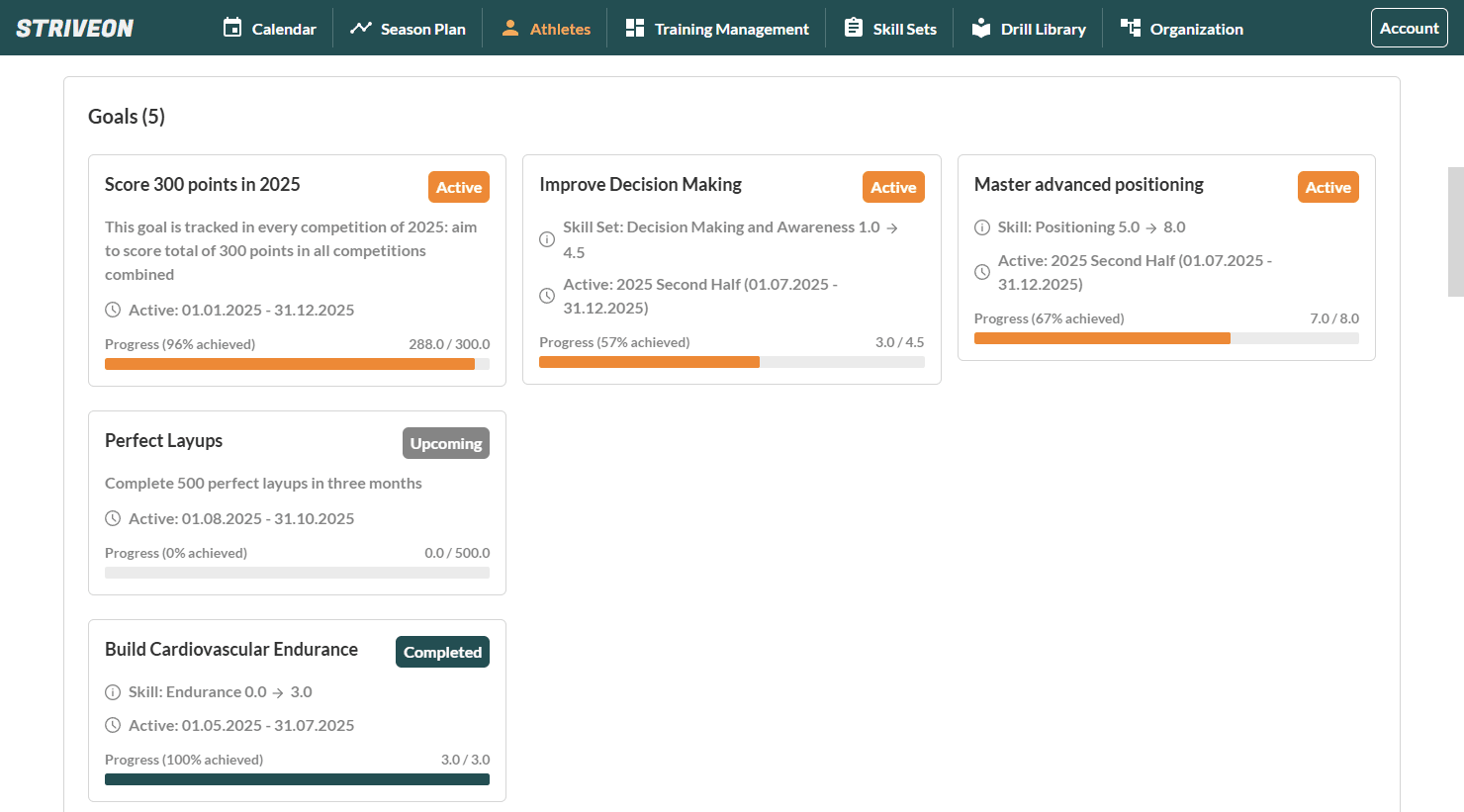 Striveon's athlete goal tracking interface showing intelligent progress updates from evaluations with three goal types for systematic development.