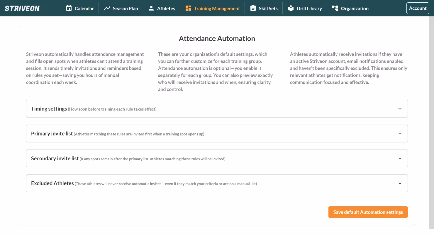 A screenshot of Striveon's Attendance Automation interface, showing automated waitlist management and substitute player invitations for sports teams.