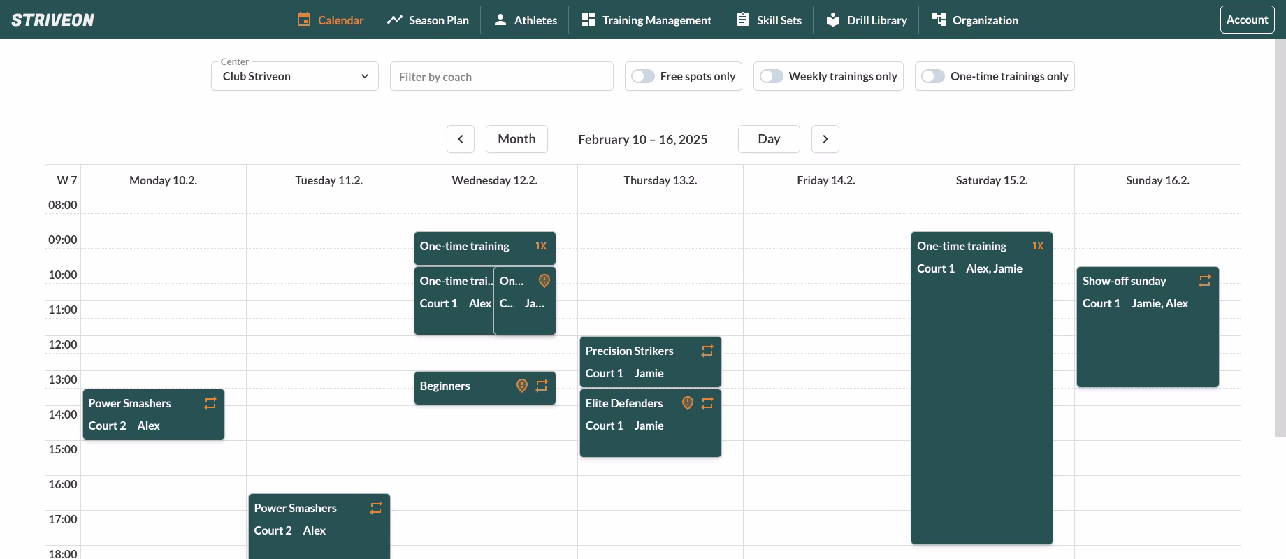 A screenshot of Striveon's calendar view displaying scheduled training sessions for a sports team