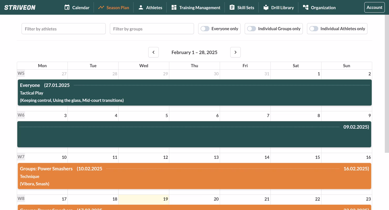 A screenshot of Striveon's Season Plans interface, showing customizable training schedules for different groups and athletes.