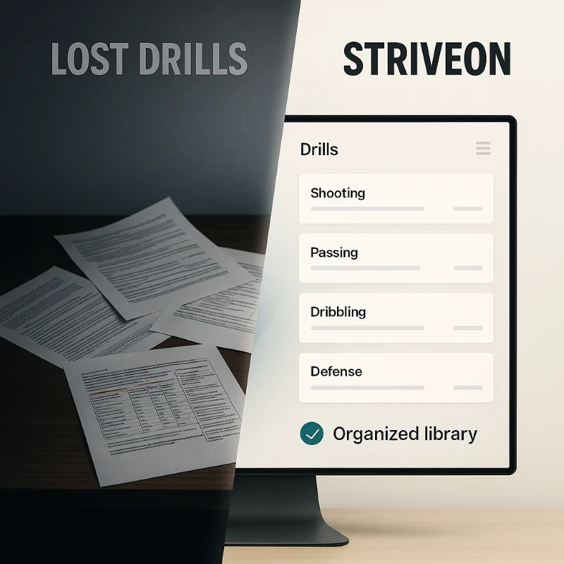 Scattered practice plan papers labeled 'LOST DRILLS' contrasted with organized computer screen showing categorized drill library with shooting, passing, dribbling, and defense sections - illustrating how Striveon's practice planning software transforms chaotic session preparation into organized, searchable drill libraries that save hours of weekly preparation time.